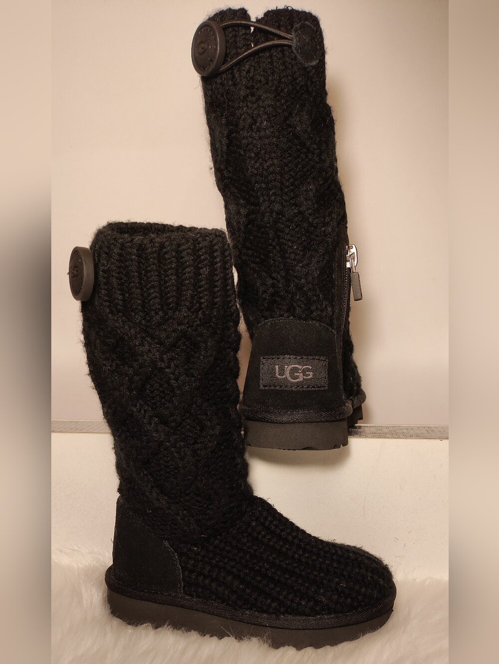 UGG Black Knit Tall Button Zip Boots Toddler Girls Size 7